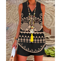 Tribal Print Tank Top & Shorts Set - black