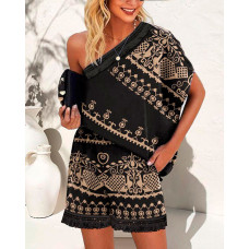 Tribal Print Tassel Trim One Shoulder Top & Shorts Set - black