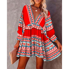 Tribal Print V-Back Tied Detail Swing Dress - red