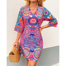 Tribal Print V-Neck Casual Dress - Multicolor