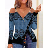 Tribal Print Zip Detail Cold Shoulder Top - black