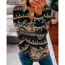 Tribal Print Zip Detail Long Sleeve Top - black