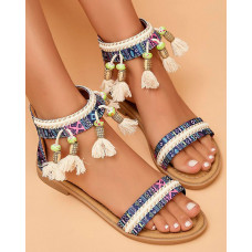 Tribal Tassel Design Ankle Strap Sandals - blue