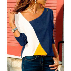 Tricolor Colorblock Long Sleeve Top - blue