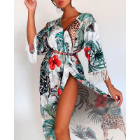 Tropical Animal Print Tassel Design Dress - green