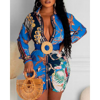 Tropical Graphic Print Long Sleeve Shirt Dress - blue