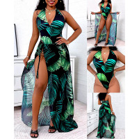 Tropical Print Backless One Piece Swimsuit With Cover Up - dark green