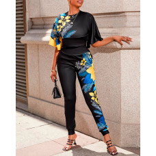 Tropical Print Bell Sleeve Crop Top & High Waist Pants Set - black