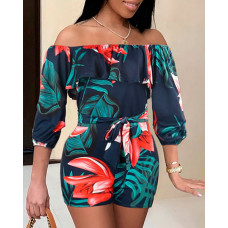 Tropical Print Belted Casual Romper - dark blue