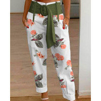 Tropical Print Belted Cuffed Pants - green