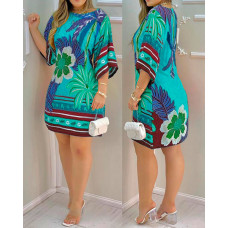 Tropical Print Boat Neck Casual Dress - blue