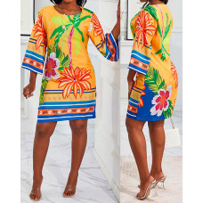 Tropical Print Boat Neck Casual Dress - yellow