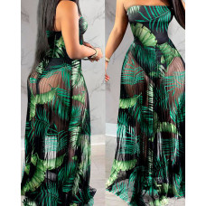 Tropical Print Bodysuit Insert Sheer Mesh Pleated Maxi Dress - green