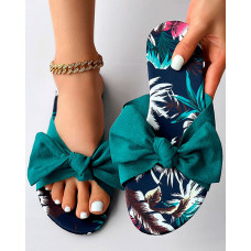 Tropical Print Bowknot Decor Slippers - green