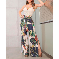 Tropical Print Button Decor High Slit Jumpsuit - beige