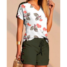 Tropical Print Buttoned T-shirt & Drawstring Shorts Set - green