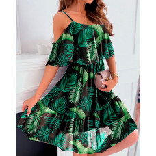 Tropical Print Cold Shoulder Ruffle Hem Casual Dress - green