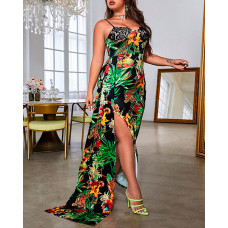 Tropical Print Contrast Lace High Slit Maxi Dress - green