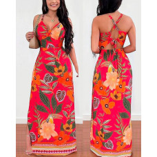 Tropical Print Crisscross Backless Maxi Dress - red