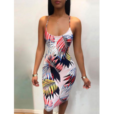 Tropical Print Crisscross Open Back Bodycon Dress - yellow