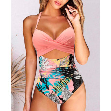 Tropical Print Crisscross Ruched Cutout One-Piece Swimsuit - pink