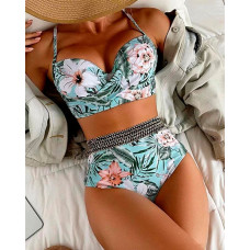 Tropical Print Crisscross Summer Beach Bikini Set - green