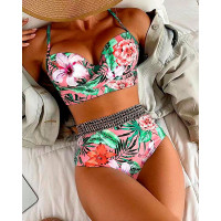 Tropical Print Crisscross Summer Beach Bikini Set - orange