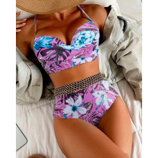 Tropical Print Crisscross Summer Beach Bikini Set - purple