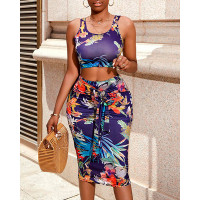 Tropical Print Crop Tank Top & Skirt Set - purplish blue