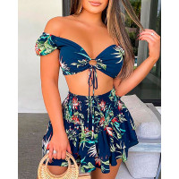 Tropical Print Crop Top & Shirring Detail Ruffles Skirt Set - dark blue