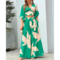 Tropical Print Crop Top & Wide Leg Bootcut Pants Set - green