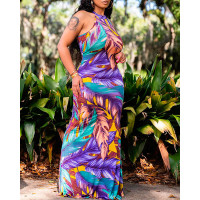 Tropical Print Cutout Back Sleeveless Maxi Dress - Multicolor