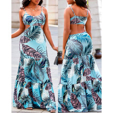 Tropical Print Cutout Ruffle Hem Cami Maxi Dress - Multicolor