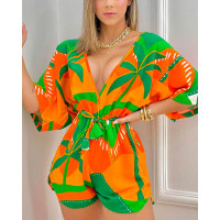 Tropical Print Drawstring Deep V-Neck Romper - Multicolor