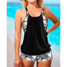 Tropical Print Fake Two-piece Tankini Set - black