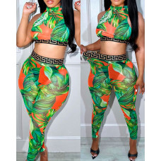 Tropical Print Geo Tape Patch Crop Top & Pants Set - green