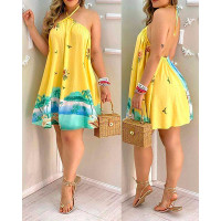 Tropical Print Halter Backless Dress - yellow