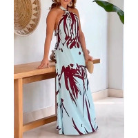 Tropical Print Halter Backless Maxi Dress - white