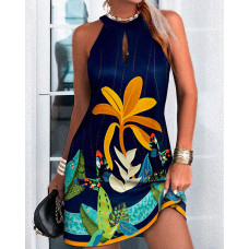 Tropical Print Halter Casual Dress - dark blue