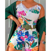 Tropical Print Lace Patch Top & Shorts Set - green