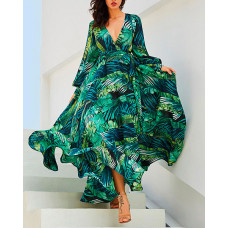 Tropical Print Lantern Sleeve Belted Maxi Dress - green