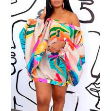 Tropical Print Lantern Sleeve Off Shoulder Casual Dress - Multicolor