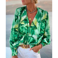 Tropical Print Lantern Sleeve Plunge Top - green