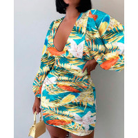 Tropical Print Lantern Sleeve Ruched Dress - Multicolor