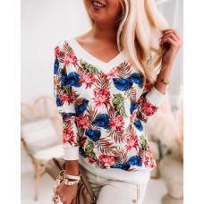 Tropical Print Long Sleeve V-Neck Top - Multicolor