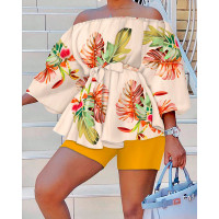 Tropical Print Off Shoulder Belted Top & Shorts Set - yellow