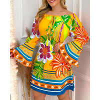 Tropical Print Off Shoulder Casual Dress - Multicolor