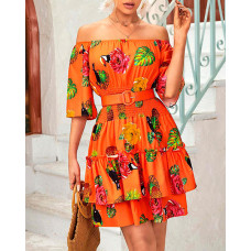 Tropical Print Off Shoulder Casual Dress - orange