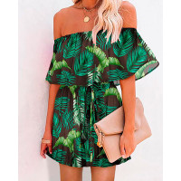 Tropical Print Off Shoulder Ruffle Hem Belted Casual Dress - green