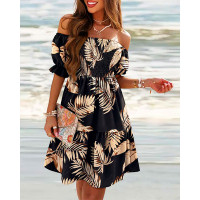 Tropical Print Off Shoulder Shirred Swing Dress - black